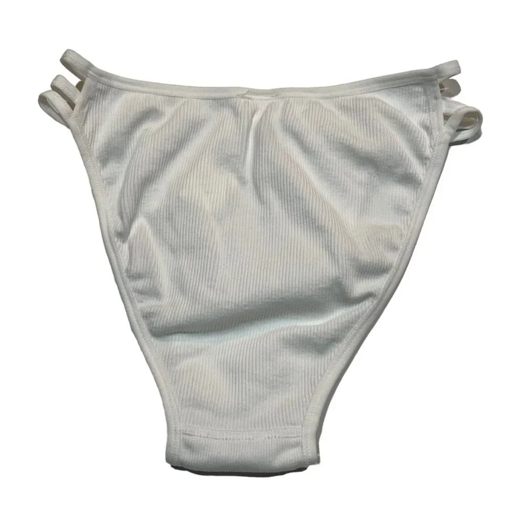 NWT AERIE High Cut Bikini Pantie Sz XL White Ribbed Gold Ring - Picture 2 of 4